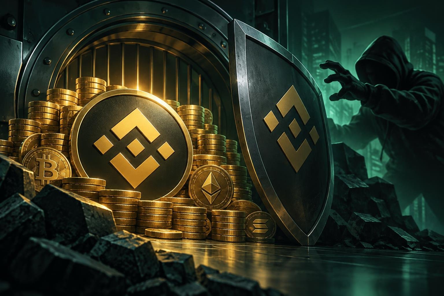 Editorial illustration: Binance Says It Set Aside $6.34 Billion to Cover Losses After Record Crypto Theft