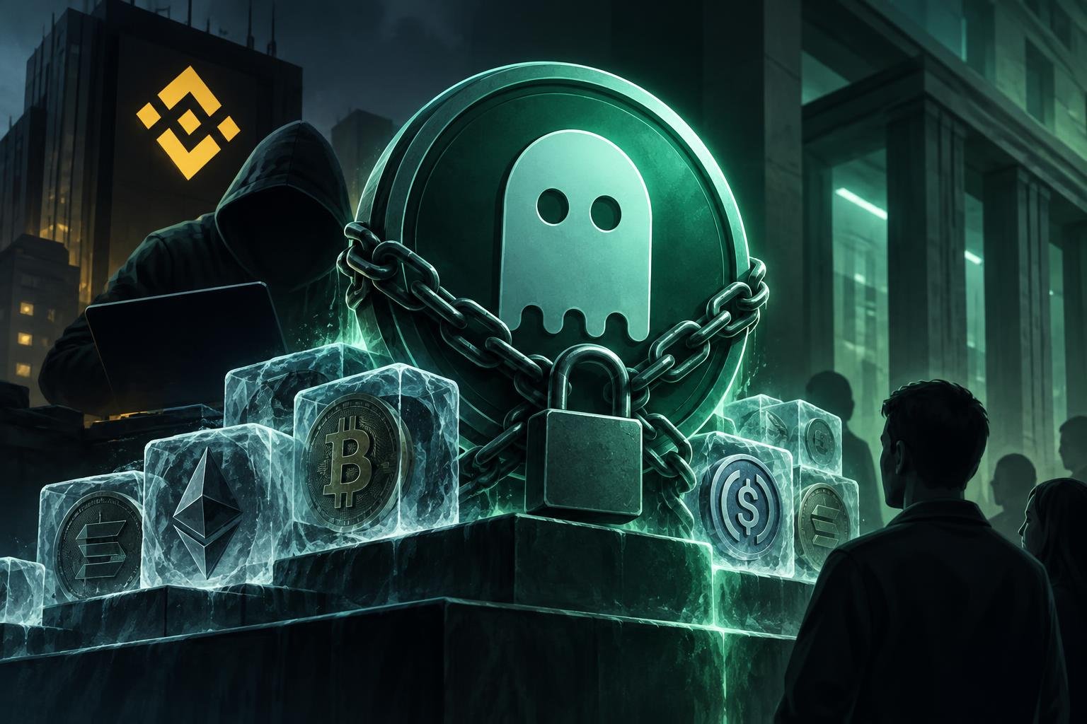 Editorial illustration: Aave Freezes 292 Reserves After Binance Breach; Recovery Plans Remain Conditional