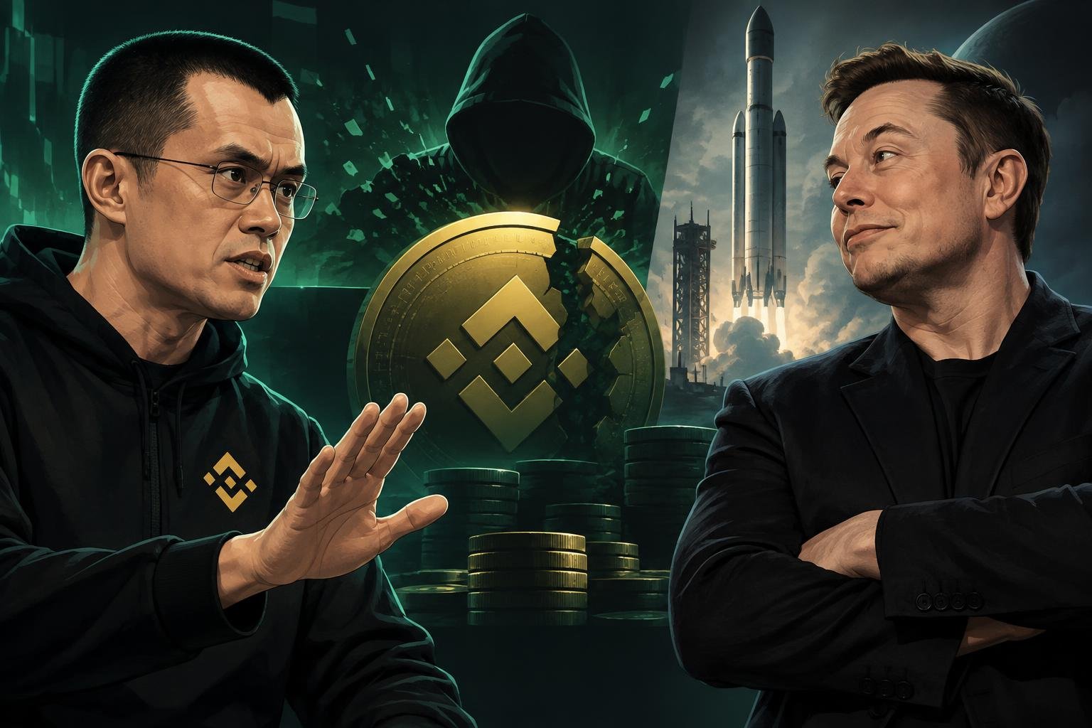 Editorial illustration: CZ Asks Musk to Stop Trolling After Binance Breach, Cites Claimed $1 Billion SpaceX Stake