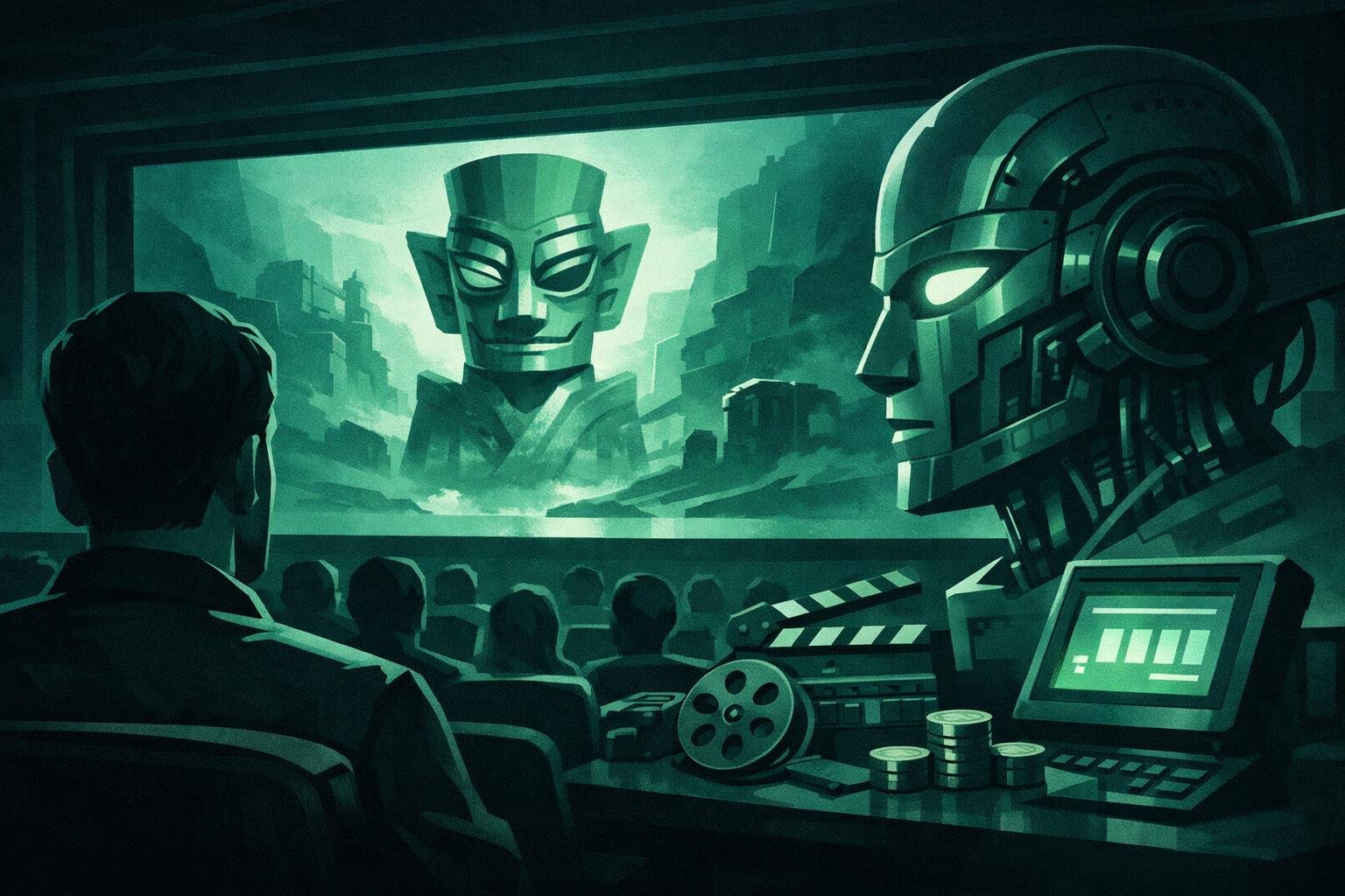 Editorial illustration: China’s ‘Sanxingdui: Future Past,’ billed as the country’s first fully AI-made feature, opened with 10,000+ screenings but just 65,000 yuan in presales
